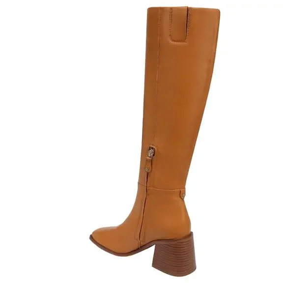 Sam Edelman Wade Knee High Tall Boot Sz 7.5 Brown Leather Block Heel Square Toe